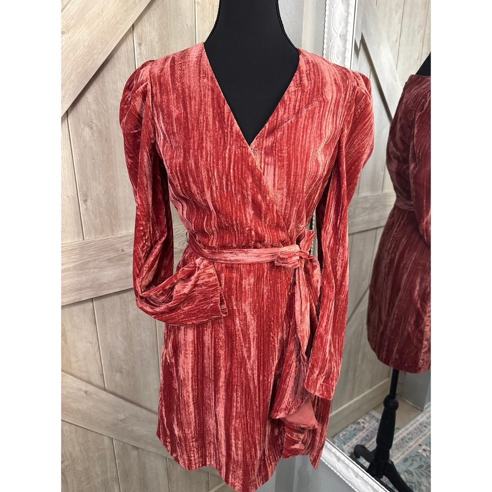 Stunning Pink Pleated Velvet Wrap Mini Dress -XS